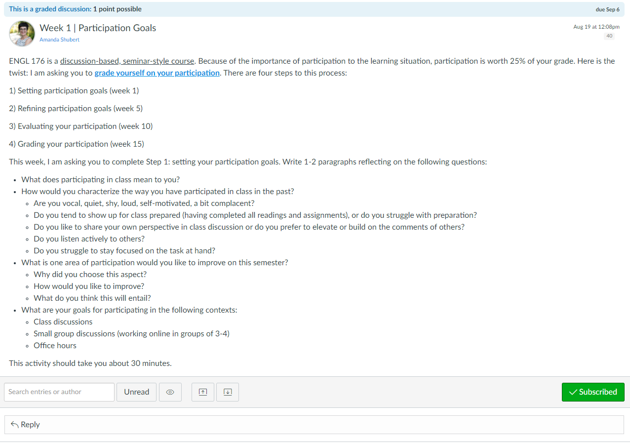 Fig. 1: Screenshot of instructions for Participation Goals forum in Weeks One and Two. The image depicts a Canvas page labeled “Week 1 Participation Goals,” next to the instructor’s photo. The post contains a description of the process for self-grading, as well as instructions for Week One, outlined in a series of bullet points.