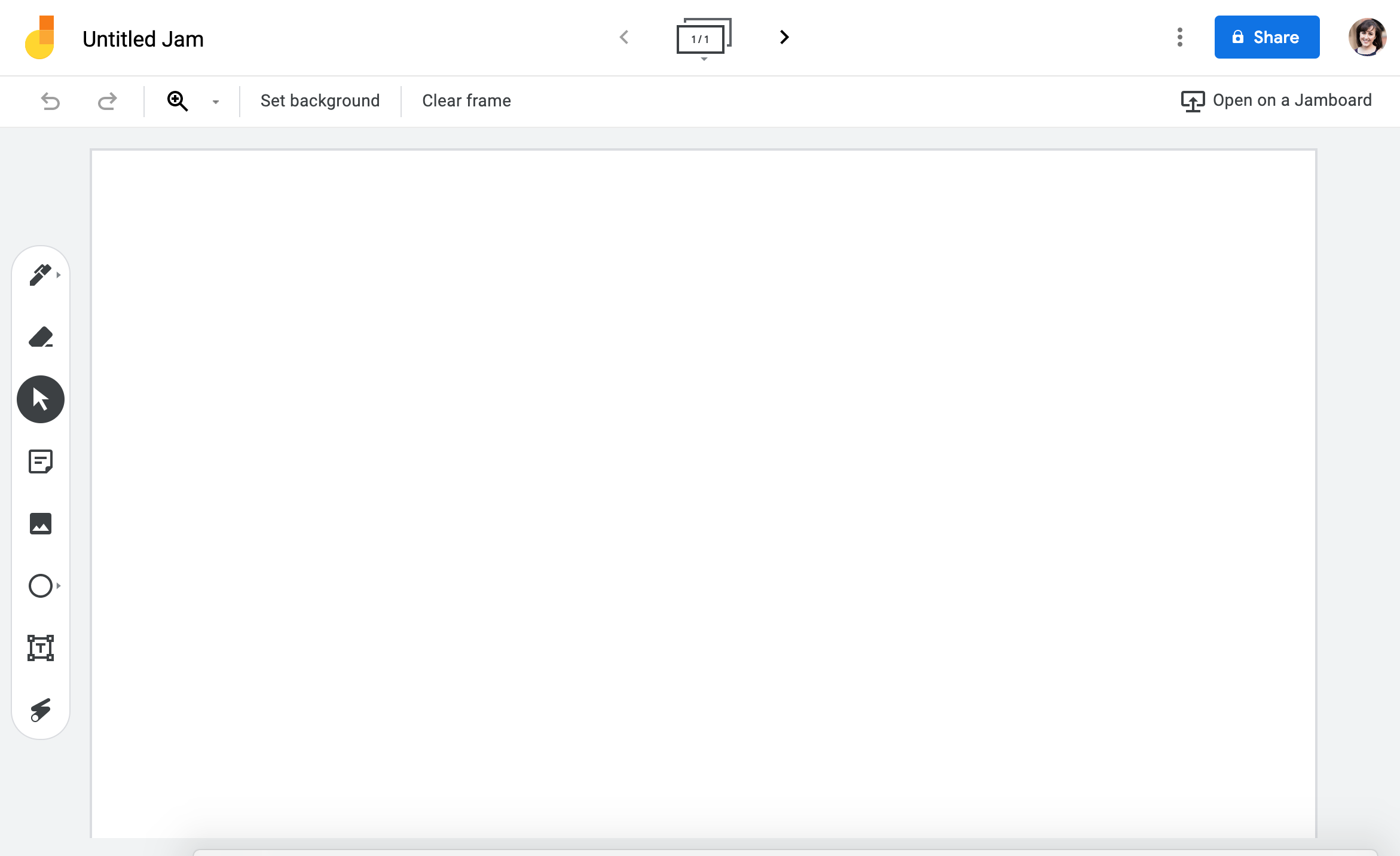 Fig. 2. Screenshot of blank Google Jam. The words “Untitled Jam” appear at the top of the image, with the words “Set background” and “Clear frame” beneath them. The image also shows the Google Jamboard toolbar on the left and a blue “Share” button on the top right.