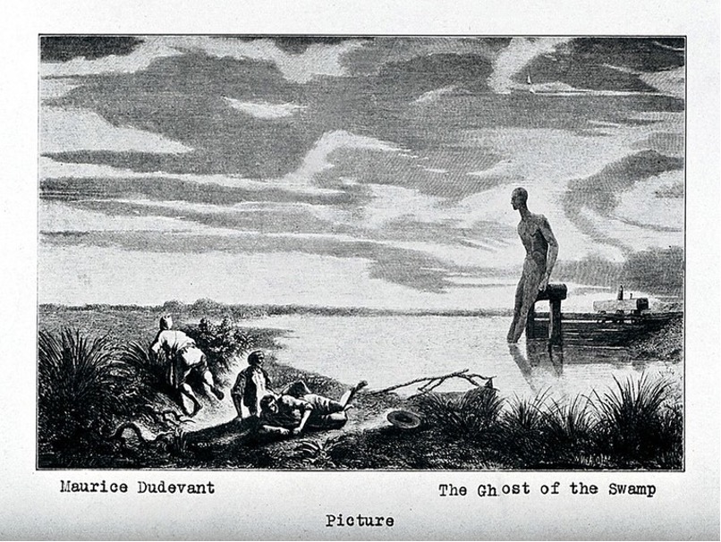 Allegory of Malaria as a ghostly figure standing in a swamp, staring at a group of humans huddled on the swamp's edge